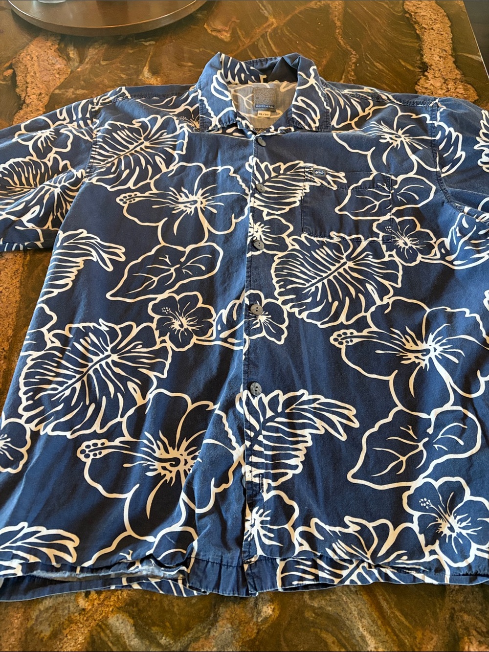 Quiksilver Navy Blue and White Floral Short-Sleeve Button-Down Shirt